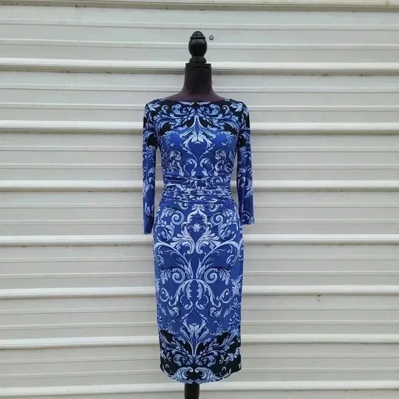 $118 BOSTON PROPER Colorblock Scroll Shirred Sheath Stretch Dress Blue White 4 - Picture 1 of 14